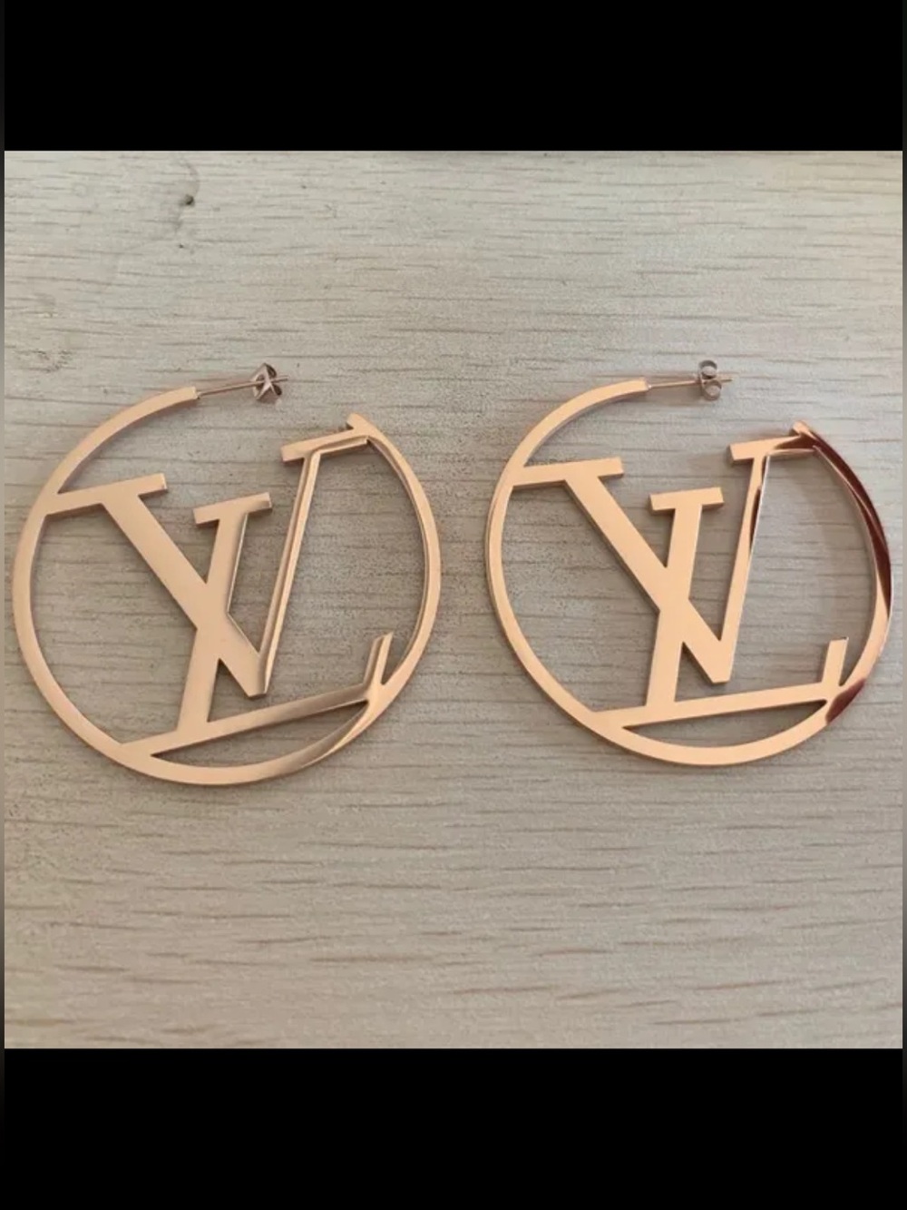 Designer-Inspired Rose Gold 14K Plated Logo L.V Hoop Earrings